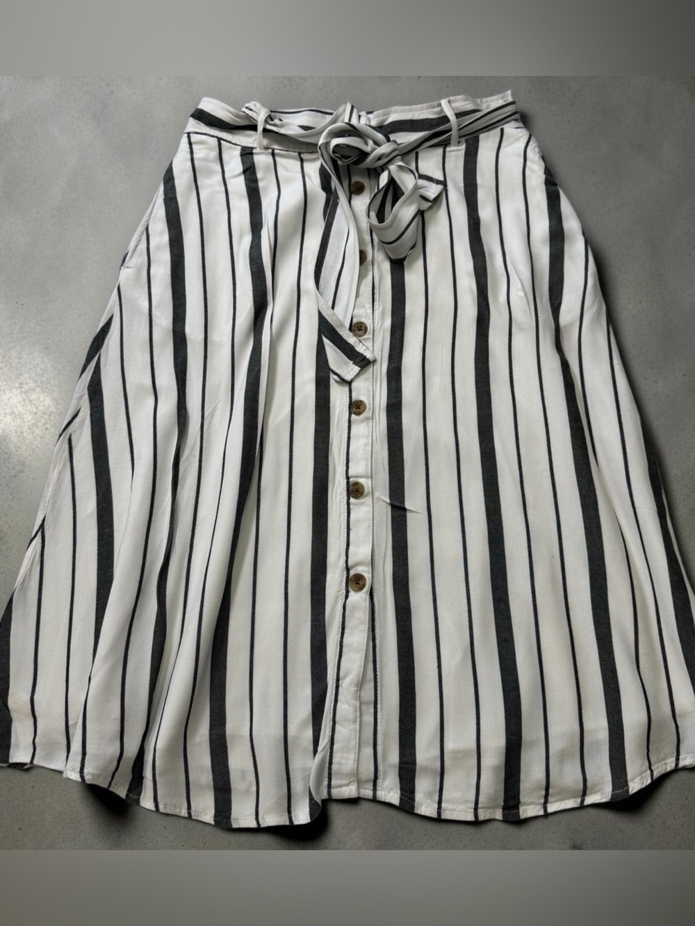 LOFT White and Black Vertical Stripe A-Line Button Skirt with Tie